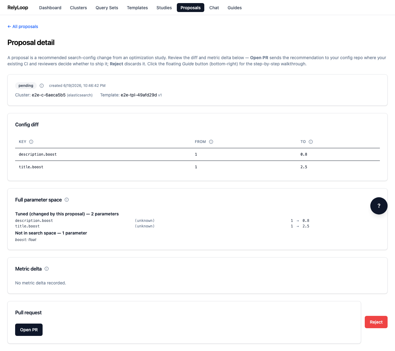 Click a proposal row to open its detail page. You'll see the source (study or manual), the cluster + template it targets, the proposed config changes, and the metric delta (when the proposal came from a completed study).
