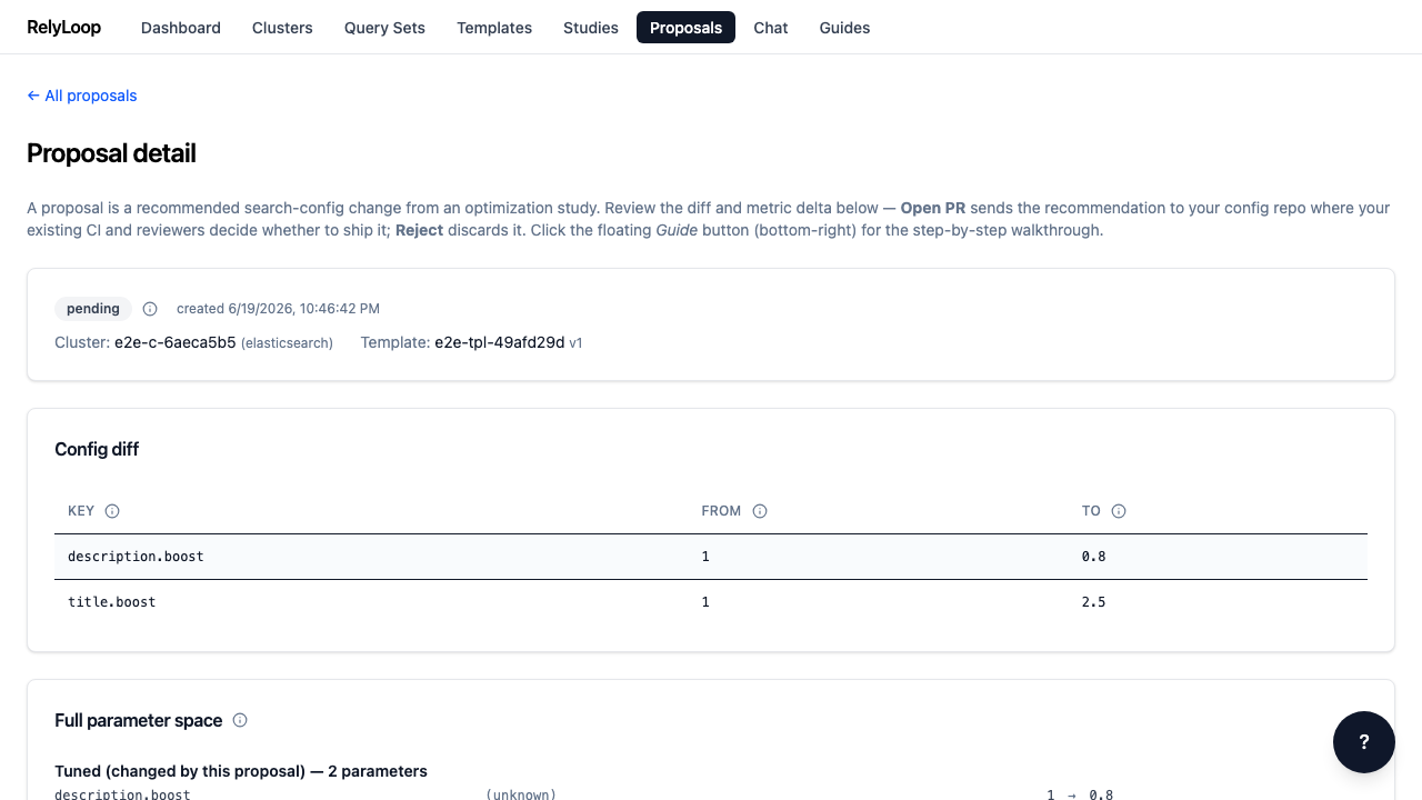 The Config diff panel is the load-bearing review surface. Each row is one parameter key being changed: title.boost from 1.0 → 2.5, description.boost from 1.0 → 0.8. The 'FROM' column shows the cluster's current value; 'TO' shows what the PR will write. (Manual proposals don't carry a baseline metric — those only ship from completed studies.)