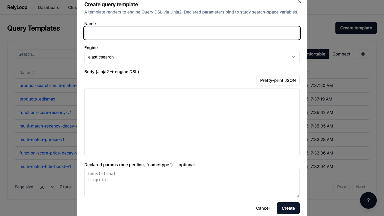 The create modal expects three things: a name, the Jinja2 body of the query, and a name:type list of declared parameters (one per line).