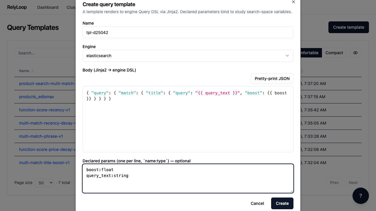 The body is a JSON template that embeds Jinja2 expressions for runtime substitution. {{ query_text }} and {{ boost }} are the parameters Optuna fills per trial. The Declared params block tells the platform their types — boost:float and query_text:string here.