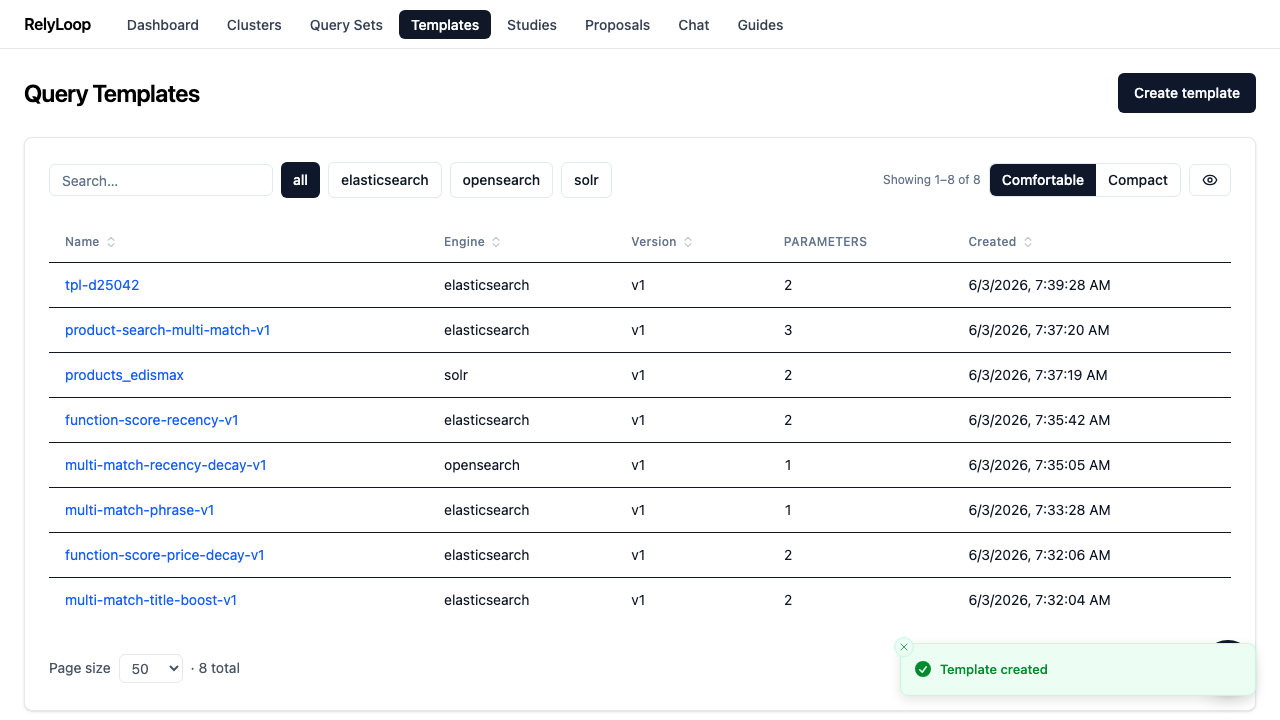 Submit. RelyLoop validates the Jinja2 syntax + checks that declared params match the params actually referenced in the body. On success, the new template lands in the list at version 1.