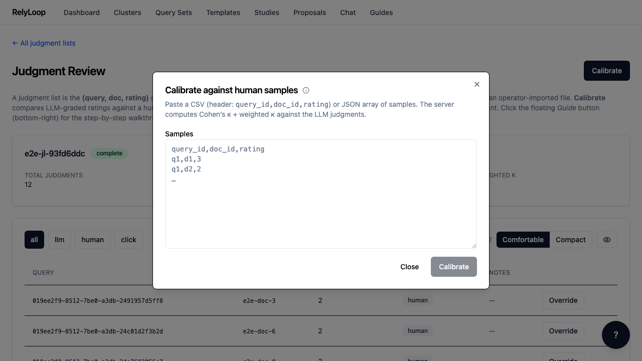 Click 'Calibrate' to open the kappa-computation modal. Calibration quantifies how much you can trust the LLM judgments by comparing them against a held-out sample of human ratings. Cohen's kappa scores the chance-corrected agreement; linear-weighted kappa accounts for how 'off' the LLM is when it disagrees (a 0-vs-3 disagreement weighs more than a 2-vs-3 one).