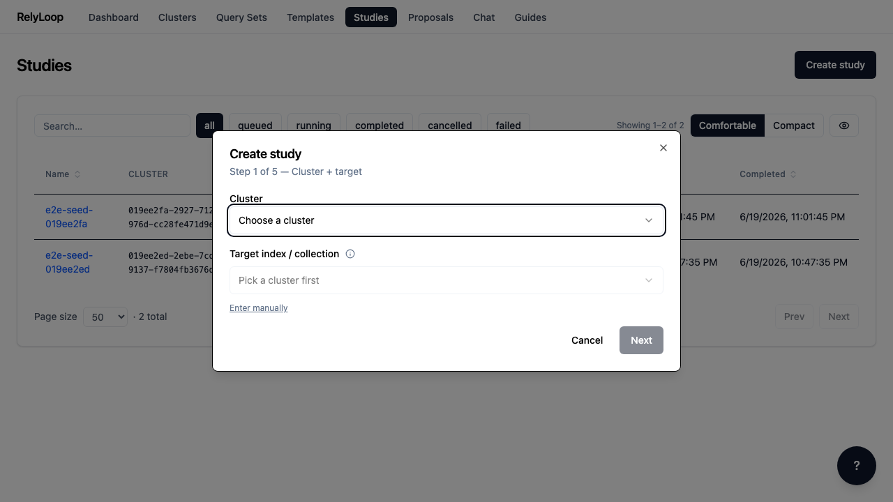 Click 'Create study' to open the multi-step modal. Step 1 binds the study to a cluster + target index. The Target field is now a dropdown — it shows the disabled 'Pick a cluster first' placeholder until you pick a cluster, then populates from that cluster's index list (scoped by the cluster's target_filter glob, e.g. products* for an e-commerce cluster). The 'Enter manually' toggle below the field is always visible and falls back to a free-text input — useful when the operator-supplied glob is restrictive or the cluster returns 403 on index listing. Subsequent wizard steps pick the query set + judgment list, the query template, the search-space (which params Optuna will vary + their ranges), and the objective metric + budget.