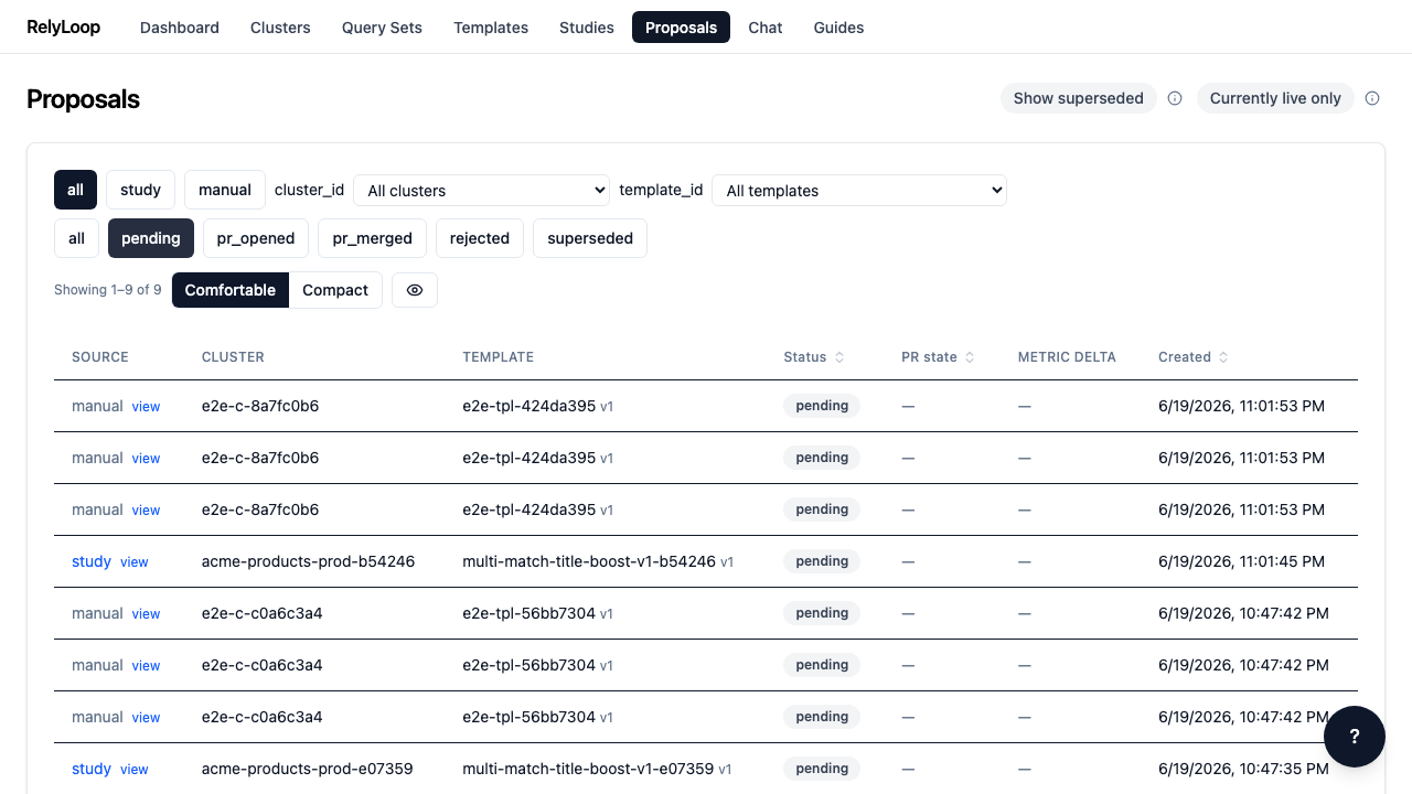 Click the 'pending' status chip. URL updates to ?status=pending, list filters to proposals awaiting action. Statuses: pending / pr_opened / pr_merged / rejected. Filters are URL-backed so back/forward buttons work + filtered views are sharable.