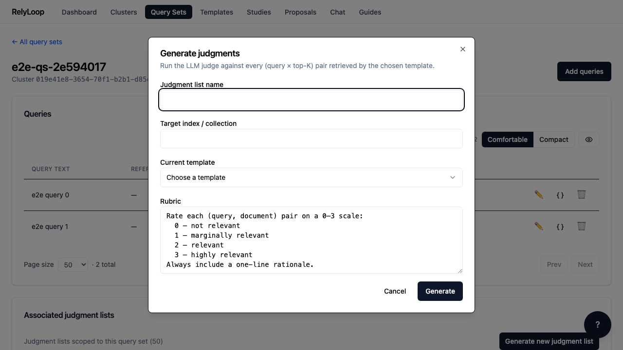 Click 'Generate judgments' to open the dialog. The form has four fields: a name for the judgment list, the target index/collection on the cluster, the query template that produces candidate docs, and the rubric the LLM judge uses to score relevance.