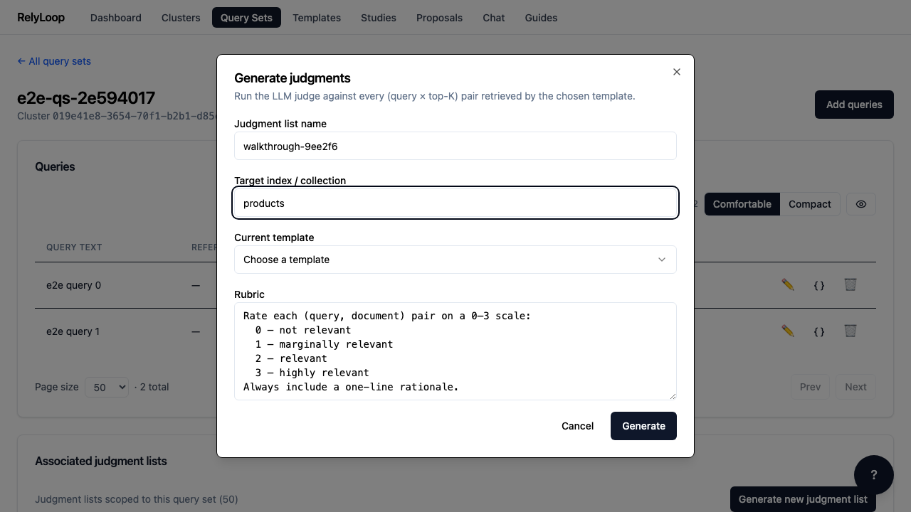 Fill the text fields: a unique name for the judgment list, the target index/collection on the cluster (e.g., 'products'), and customize the rubric if needed. The default rubric is a 0-3 relevance scale; tailor it to your domain ('Rate ecommerce search relevance' vs. 'Rate documentation search relevance').
