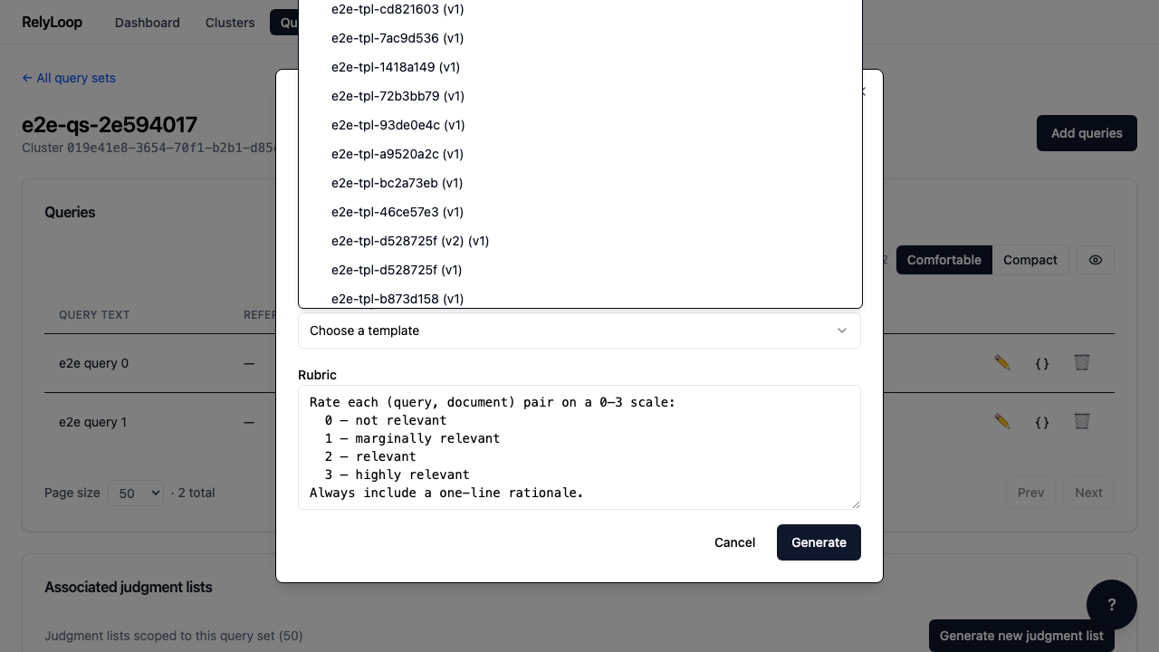 Open the template dropdown and pick the query template that produces candidate docs for each query. The worker renders this template per query, runs the search, and rates every returned doc — so template choice + top-K determine both the cost of generation and the judgments' downstream usefulness.