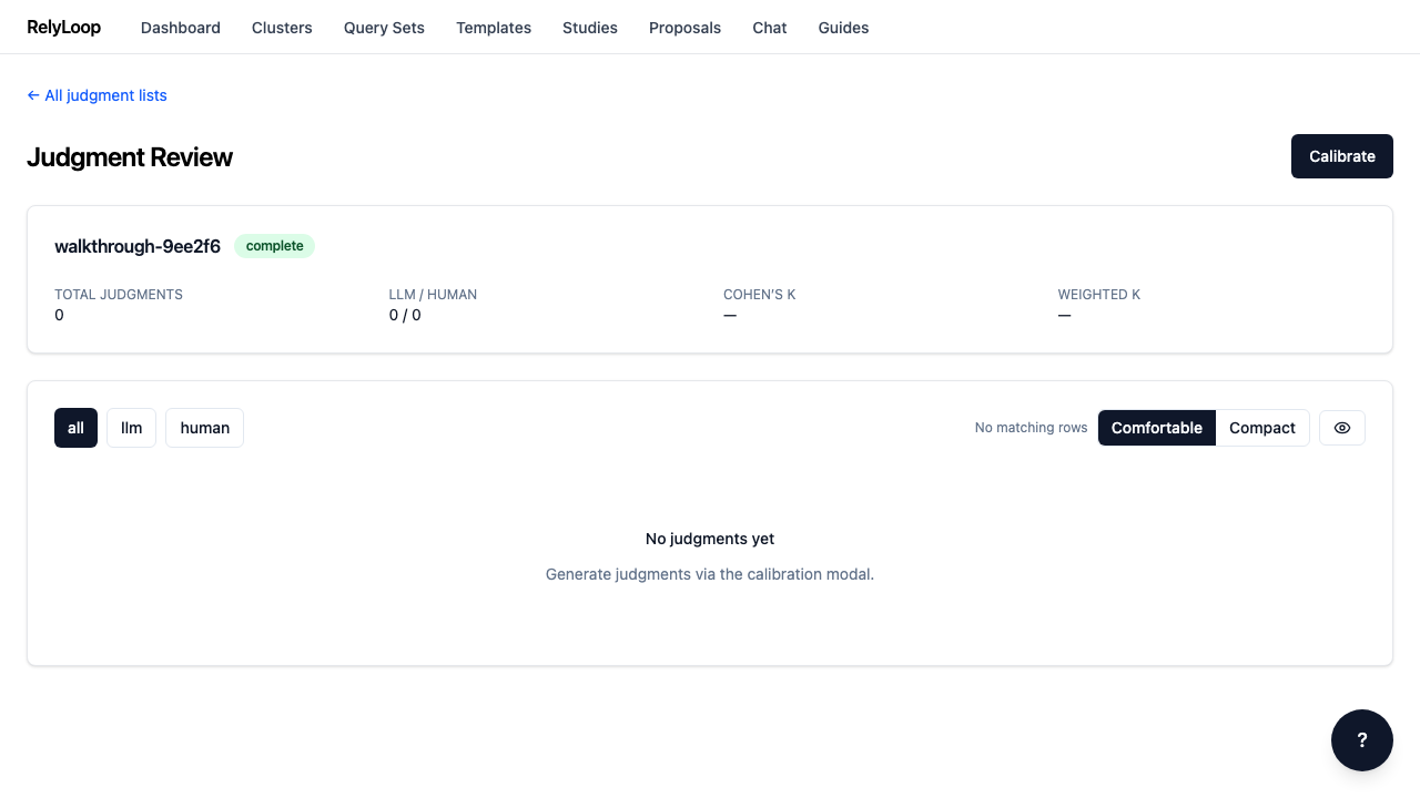 Submit. The worker enqueues immediately (202 ACCEPTED) and begins hitting OpenAI per (query, doc) pair. The /judgments/{id} page polls for status. On success (complete), the per-judgment rows populate with rating + brief reasoning; on failure (failed), check the worker logs — common causes are cluster unreachable from the API container, daily budget exceeded, or LLM_PROVIDER_INCAPABLE (the configured model lacks structured output). Cost ~$0.01-0.05 with gpt-4o-mini for a small set.